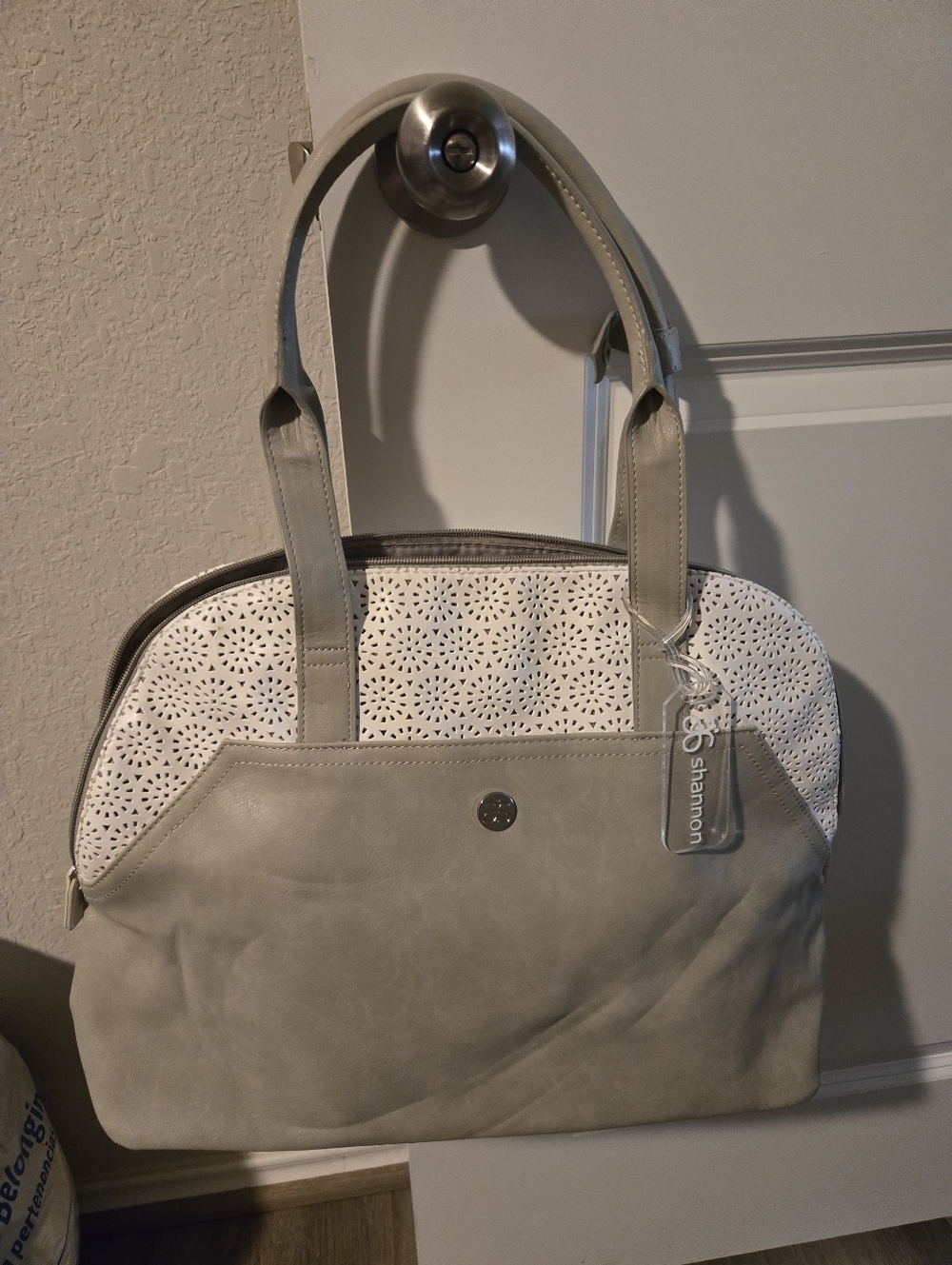 Arbonne Faux Leather Perforated Design Grey And White Purse.